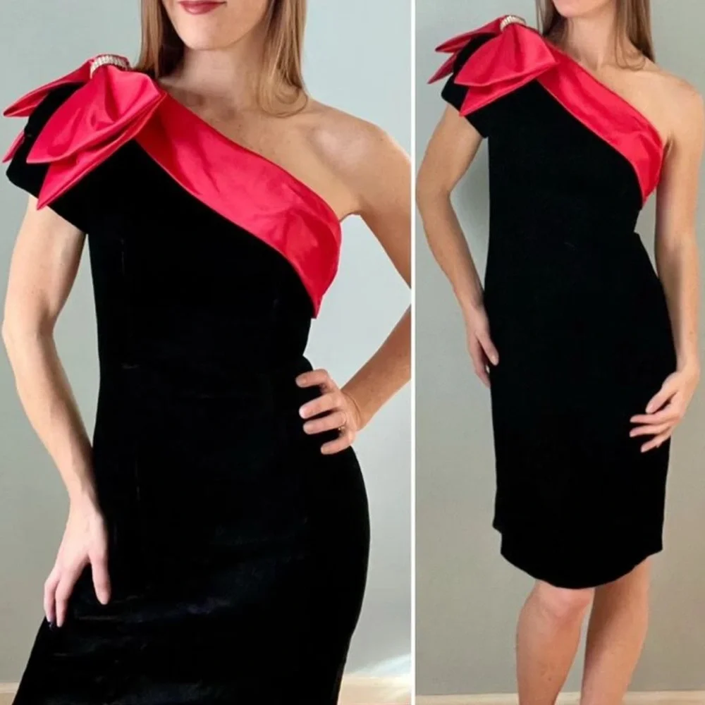 Vintage Jessica Howard Sz 6 One Shoulder Red Satin Bow and Black Velvet Dress - Picture 16 of 16